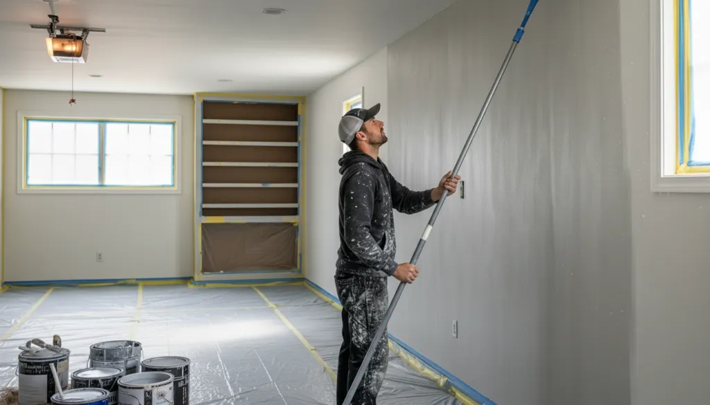man painting garage interior