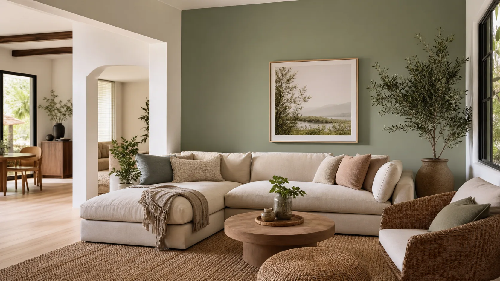 Living room with a soft sage green accent wall