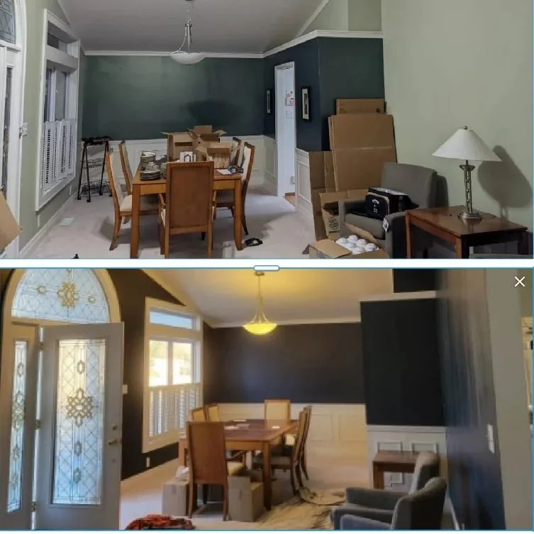 Wide angle of refreshed front room with new wall color